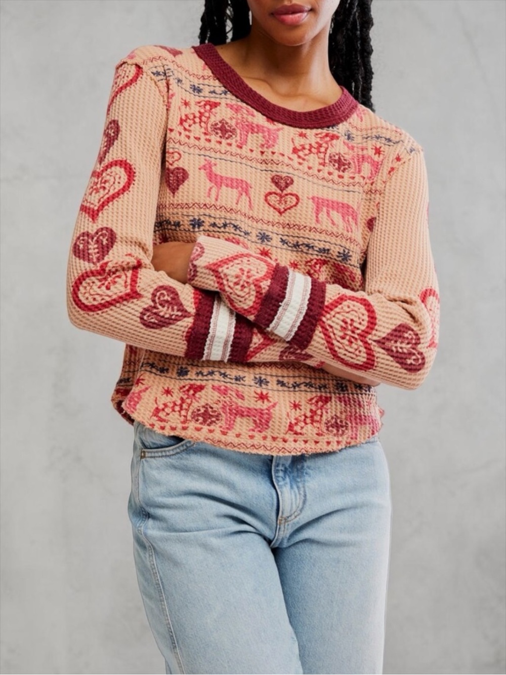 FREE PEOPLE WE THE FREE  Blissful Layering Thermal Tee In Stone Combo (M)